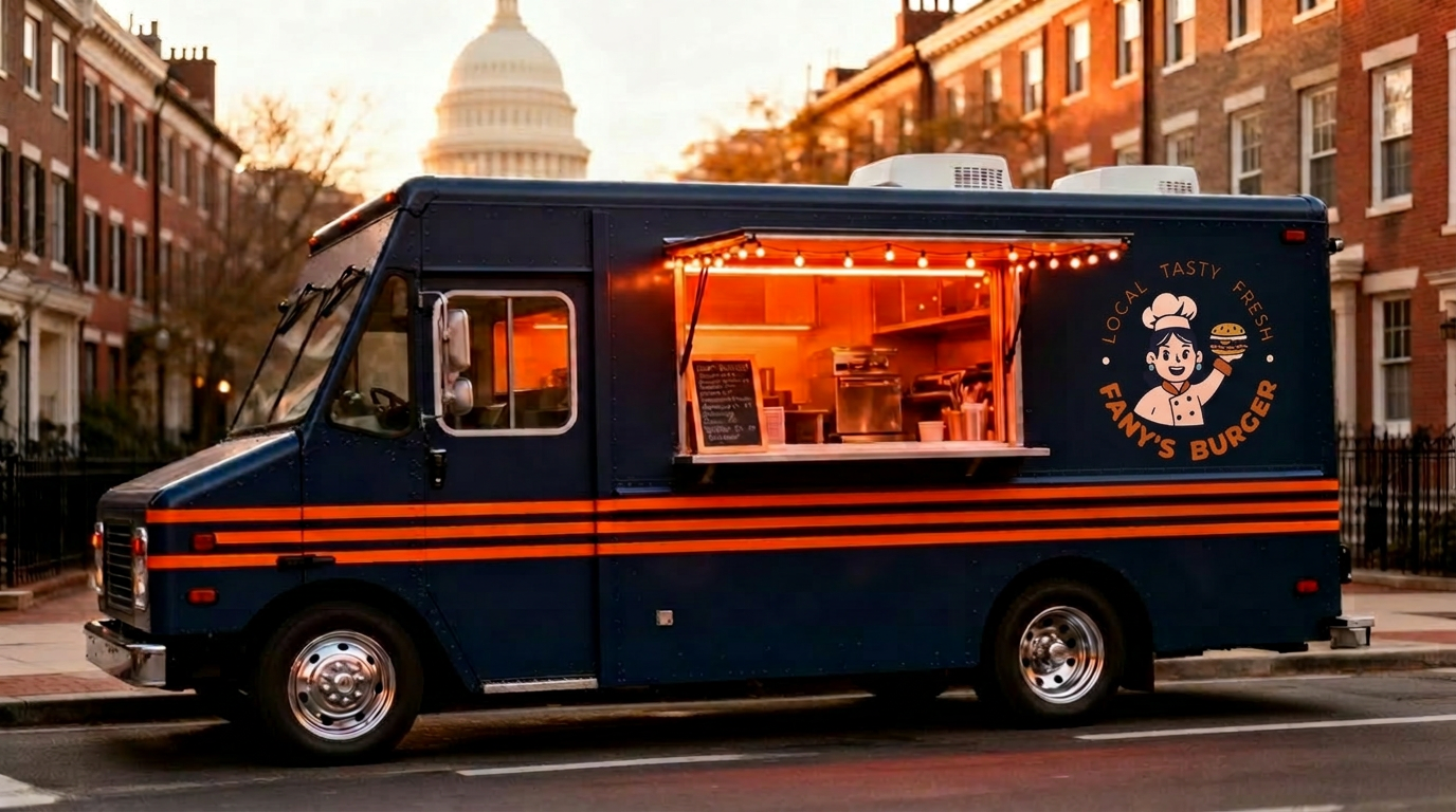 Fany's Burger navy blue food truck parked on a city street